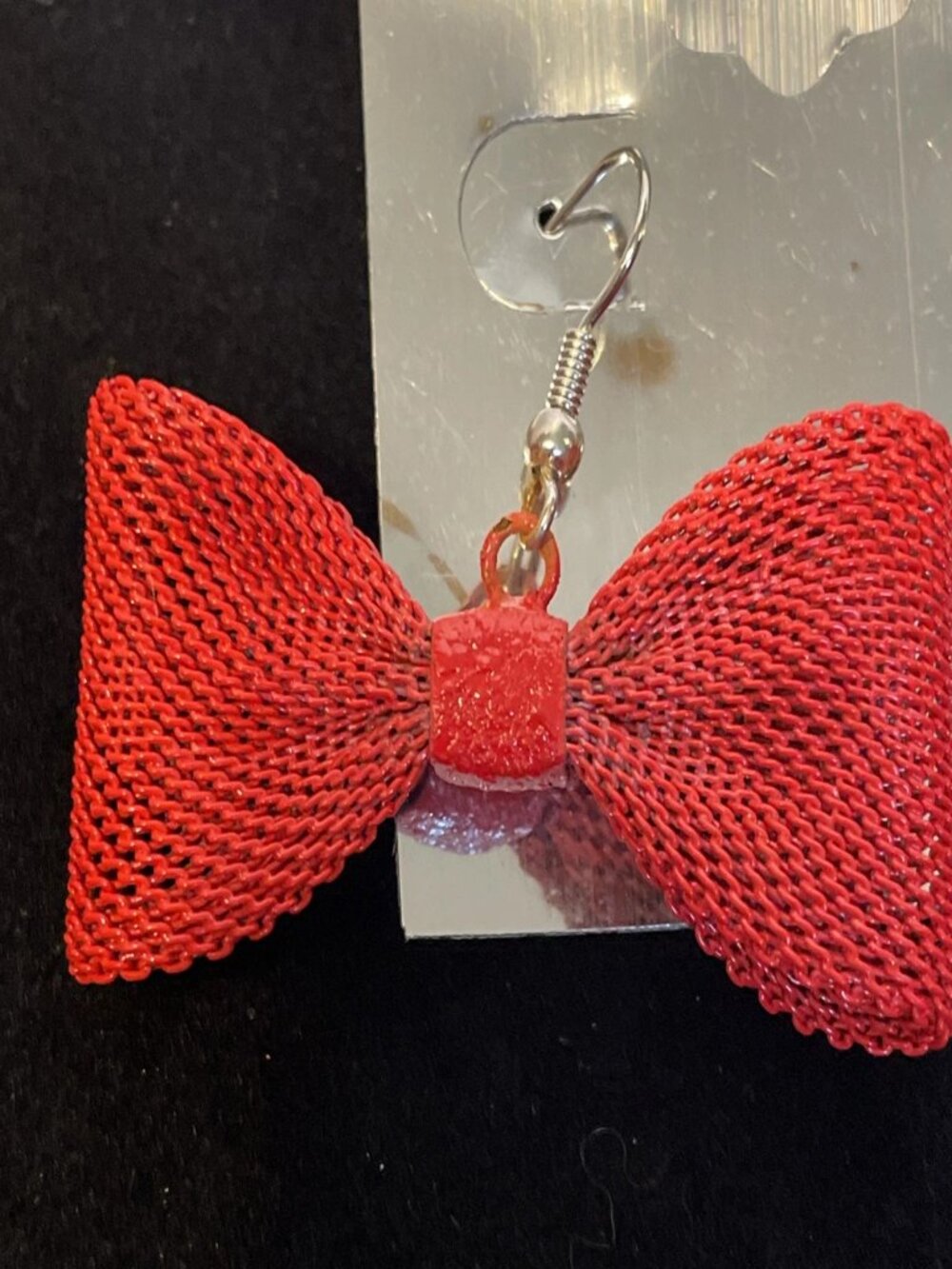 Red Mesh Bow Dangle Earrings Waffle Knit Fashion Jewelry Cute - Picture 5 of 7